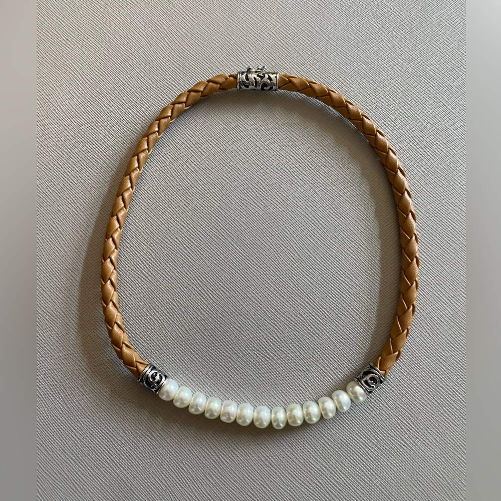 Magpie freshwater pearl and braided leather necklace